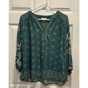 Knox Rose Pullover Blouse Top Womens Large Green 3/4 Sleeve V-Neck Casual Floral